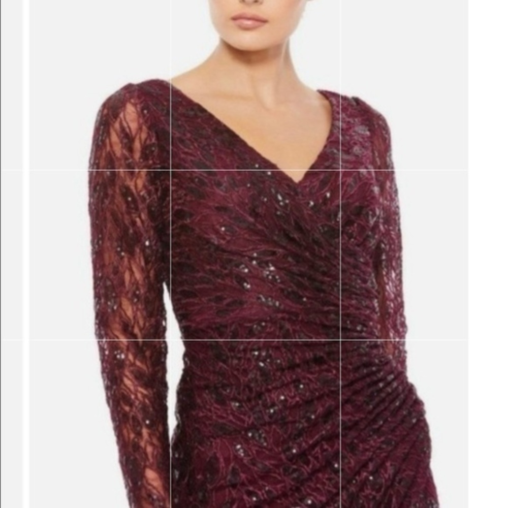 Mac Duggal V-neck Long Sleeve Sequined Lace High Slit Gown in Garnet Size 14